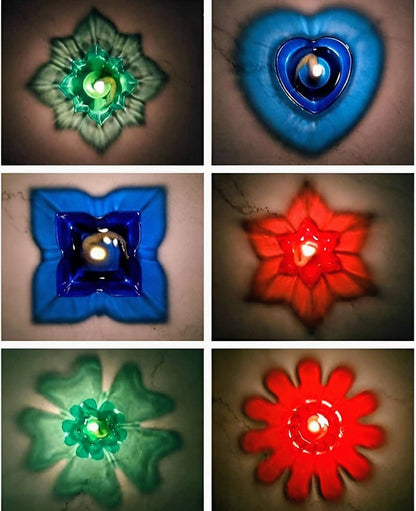 TrifleArte Pack of 12 Assorted 3D Floating Diyas – Swastik, OM, Star, Sun, Flower – Reusable & Colourful Oil Lamps